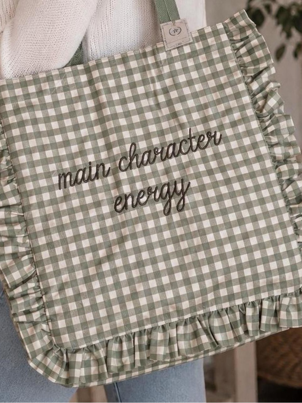 Main Character Energy Gingham Ruffled Tote Bag | Sage Green Canvas Embroidered